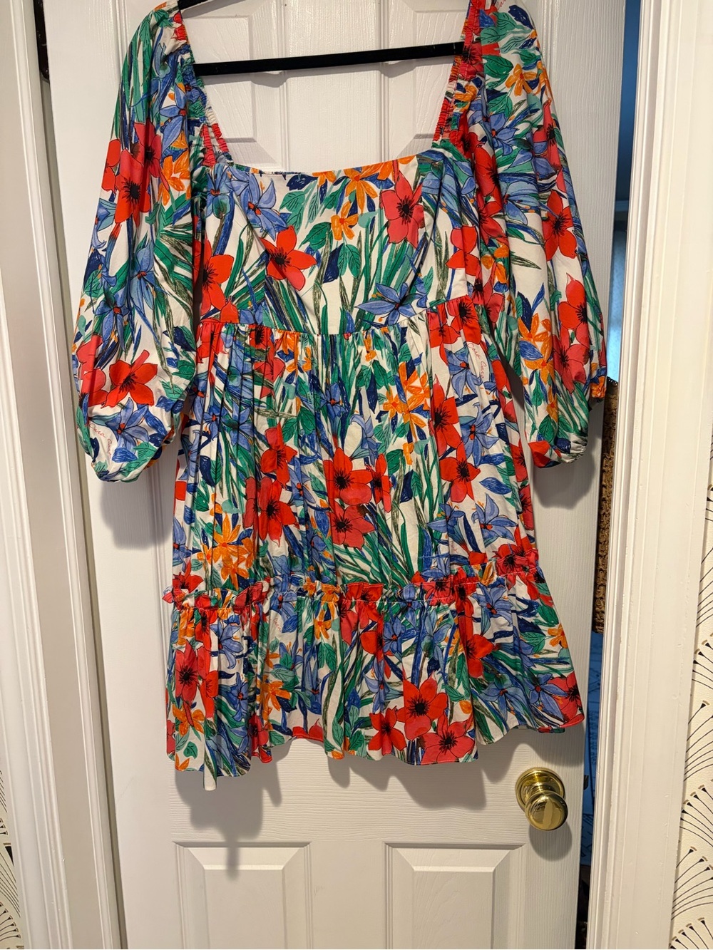 Cara Cara Floral Puff-Sleeve Square Neck Tunic - Red/Blue/Green